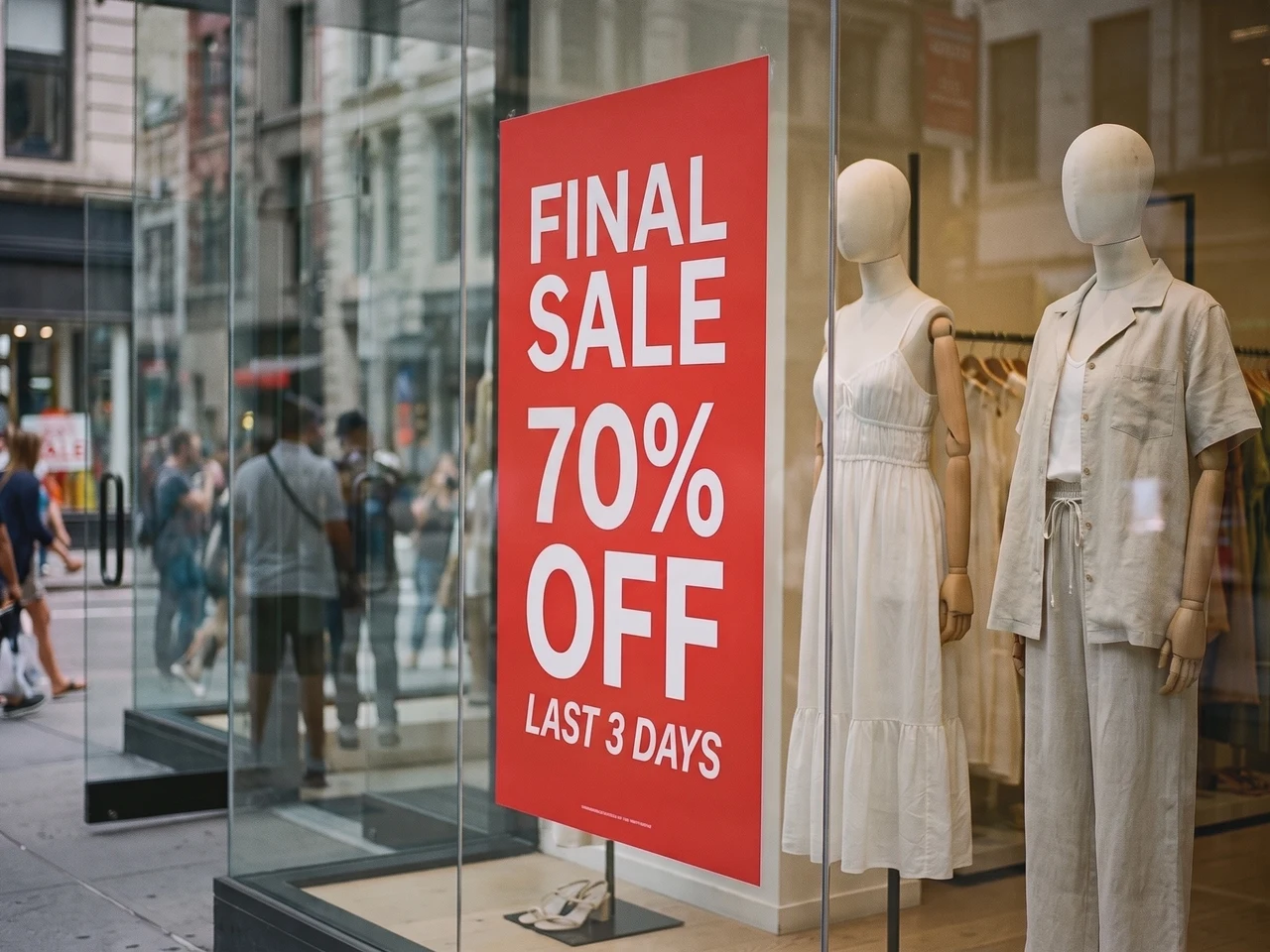 Update a real photo: A new sale on the window poster, lighting and reflections intact.