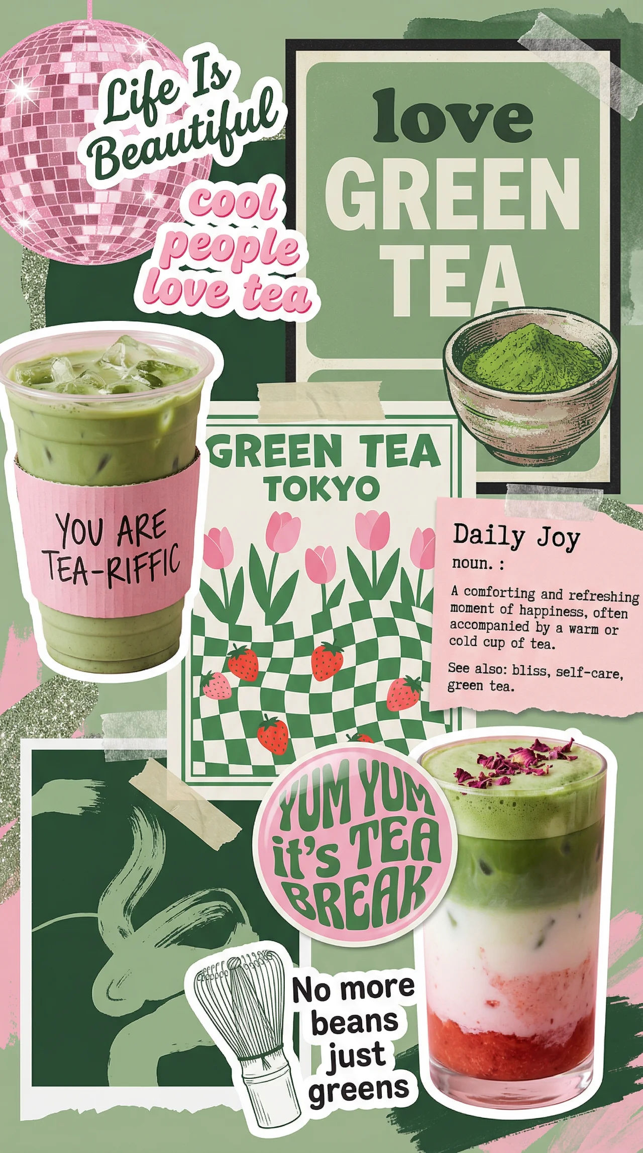 a mood board centered around matcha