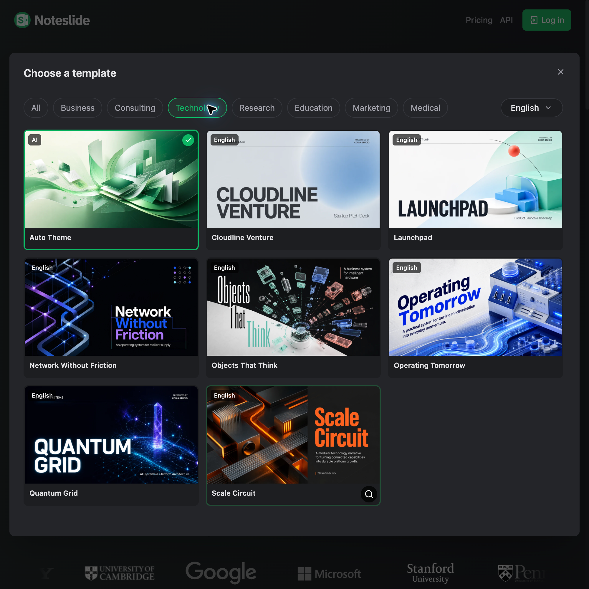 NoteSlide’s English template chooser shows Auto Theme, category filters, and presentation template previews.