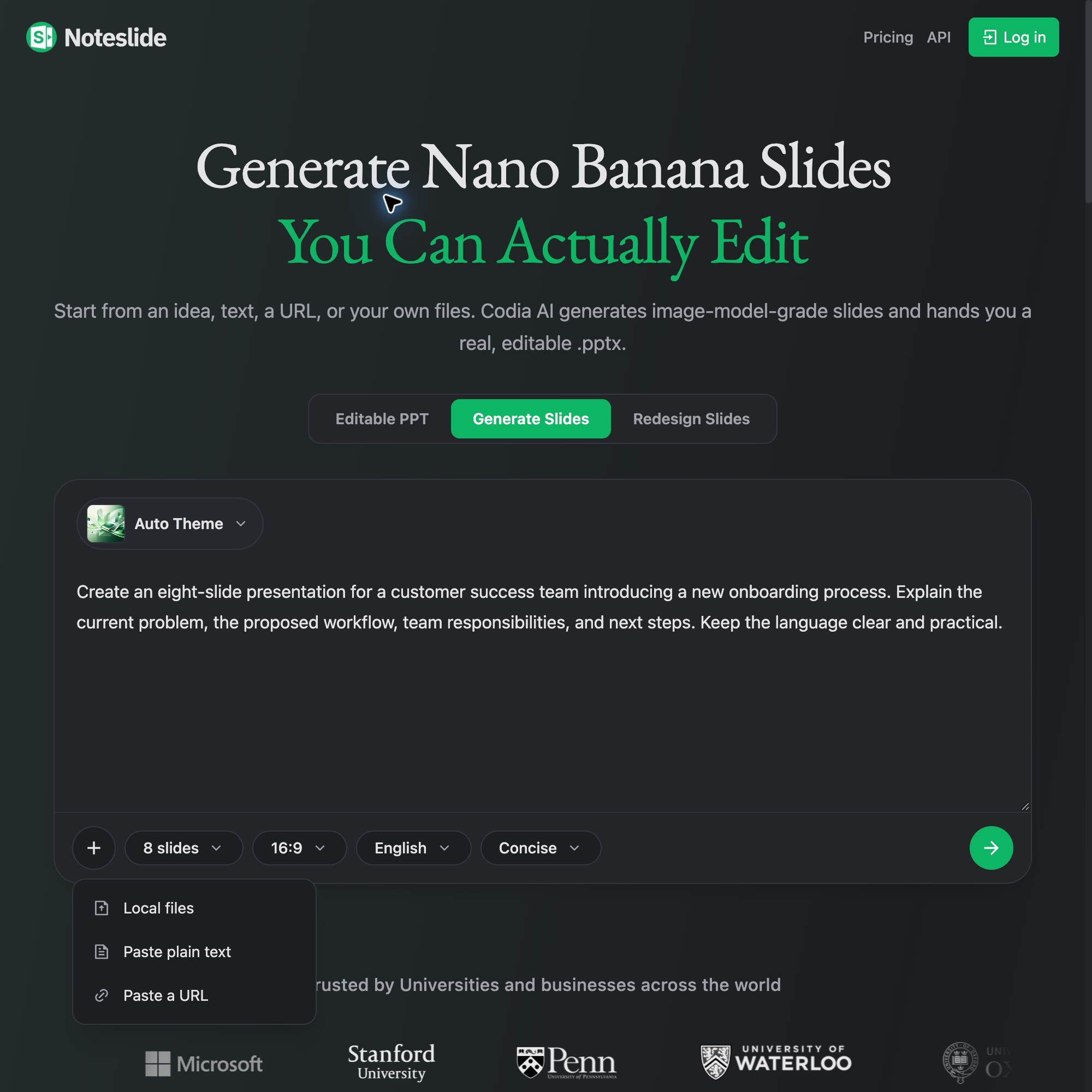 NoteSlide’s English source menu offers local files, pasted text, and a webpage URL.