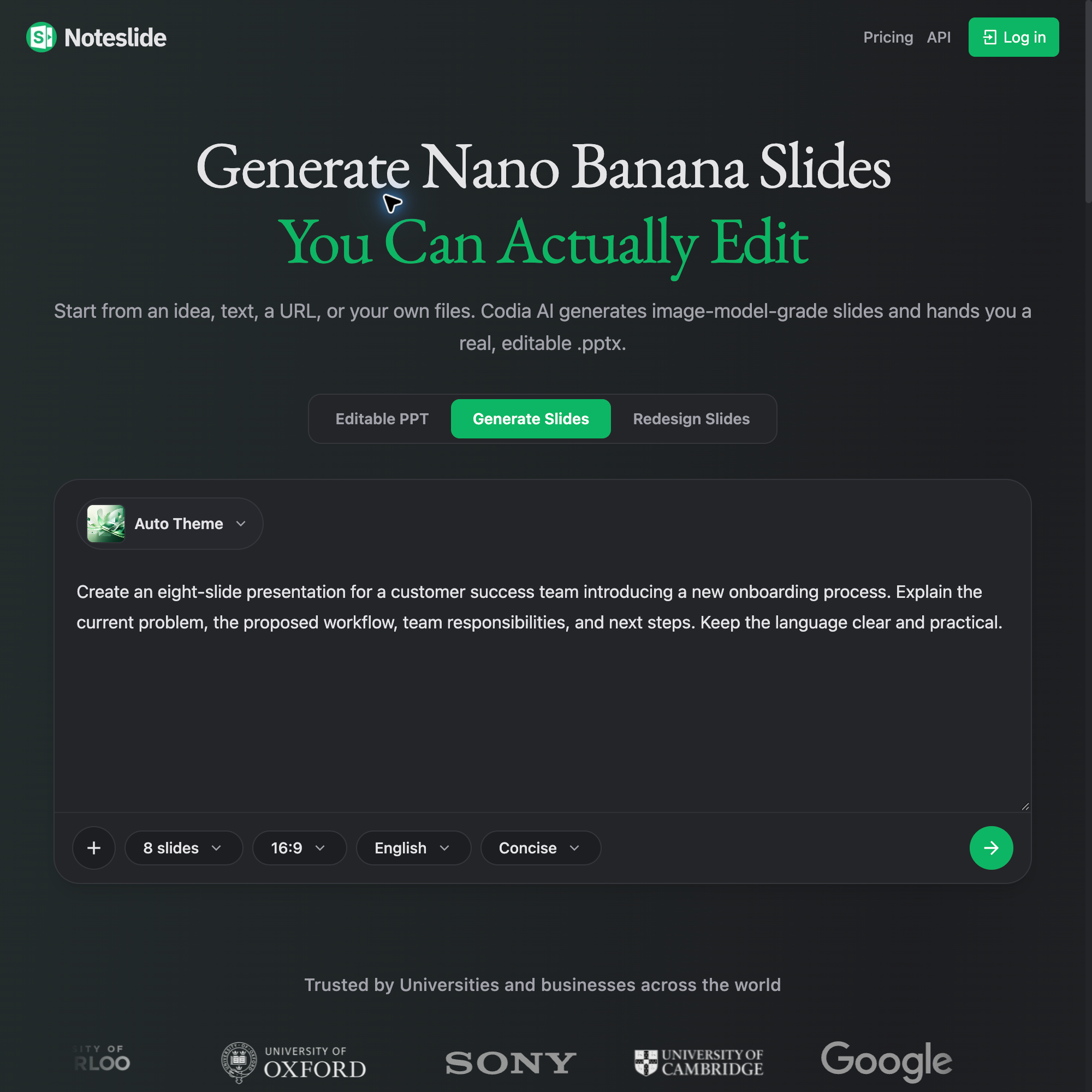 NoteSlide’s generation form with an English onboarding brief, eight slides, a 16:9 aspect ratio, and English output selected.